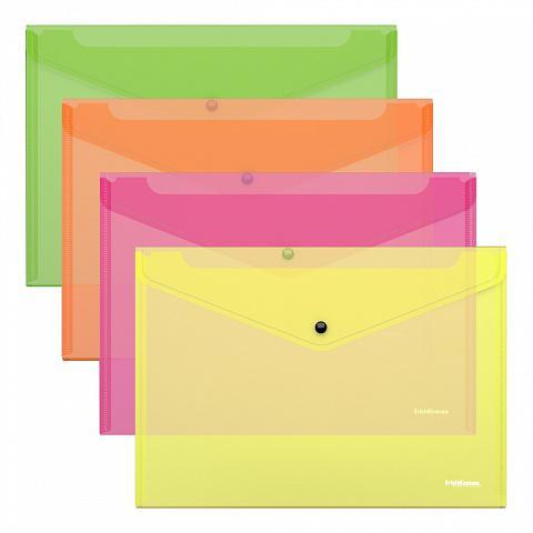 Папка-конверт на кнопке пластиковая ErichKrause Fizzy Neon, A4, полупрозрачный, ассорти