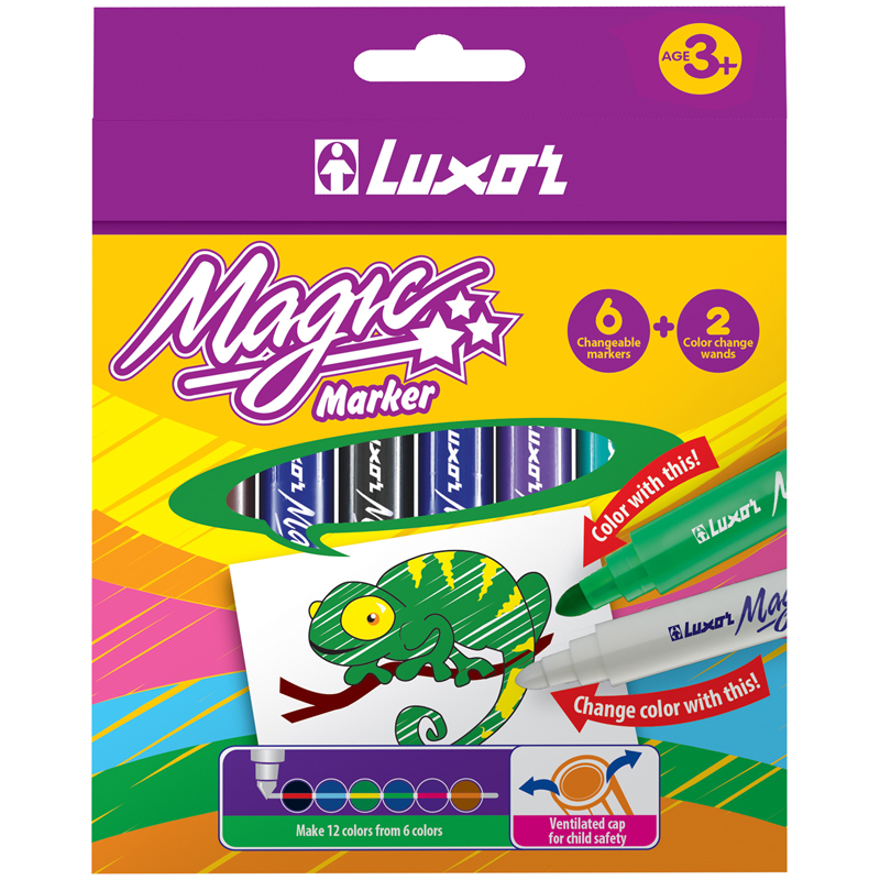 Фломастеры 6+2 цветов Luxor "Magic" меняющие цвет, 8 штук, в картонной коробке, европодвес