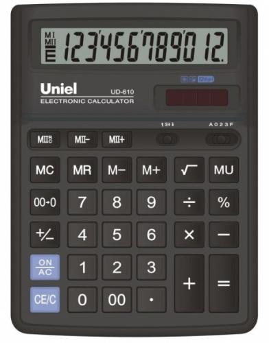 Калькулятор наст,Uniel UD-101 12разр., 2питания, черный