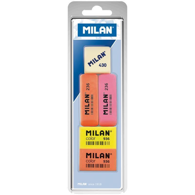 Набор ластиков Milan "236", "Color 936" и "430", 5шт., скошенный/прямоугольный, блистер BVM97010