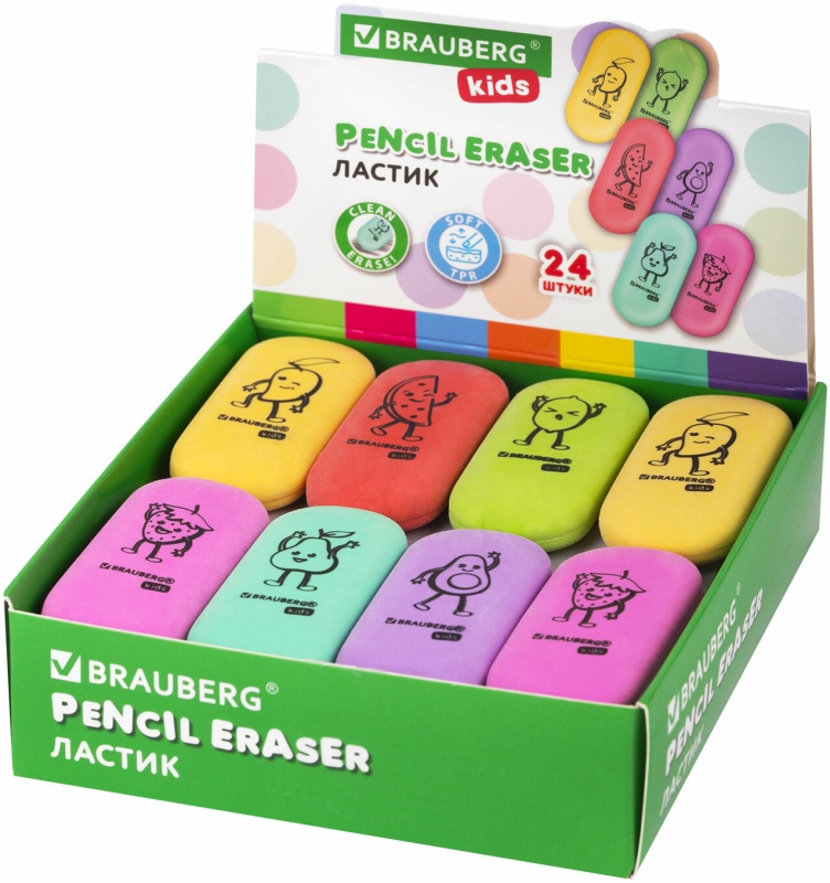 Ластик BRAUBERG KIDS "Fruits", 50х23х10 мм, пастельные цвета ассорти, 272674