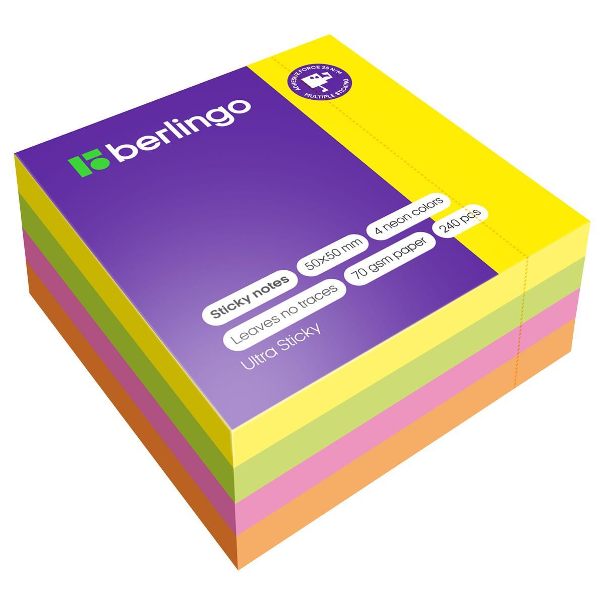 Самоклеящийся блок Berlingo "Ultra Sticky", 50*50мм, 240л, 4 неоновых цвета Самоклеящийся блок Berlingo "Ultra Sticky", 50*50мм, 240л, 4 неоновых цвета