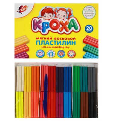 Пластилин восковой мягкий Кроха, 20 цветов, 300г со стеком картонная упаковка