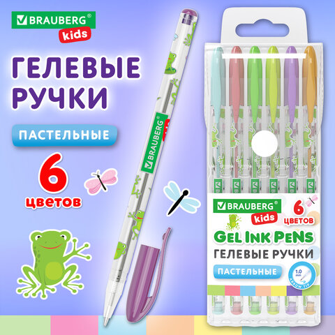 Ручки гелевые ПАСТЕЛЬНЫЕ BRAUBERG, НАБОР 6 ЦВЕТОВ, линия письма 0,7 мм, 144439