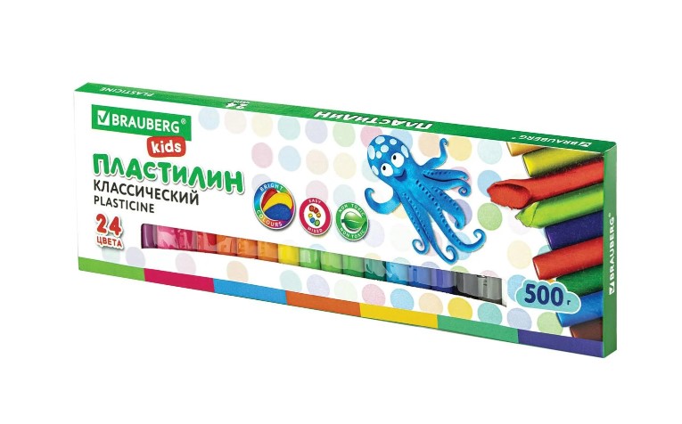 Пластилин классический BRAUBERG KIDS, 24 цвета, 500 г, ВЫСШЕЕ КАЧЕСТВО, 105874