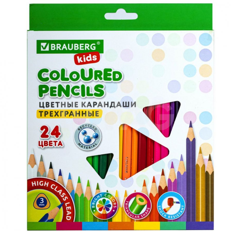 Карандаши цветные BRAUBERG KIDS, 24 цвета, трехгранные, грифель 3 мм, 181944