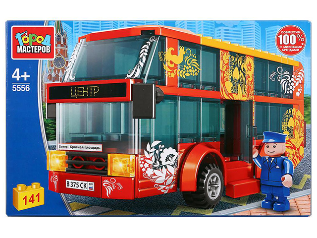 Конструктор пластмассовый Двухэтажный автобус с фигуркой, 141дет, 5556-KK (Город мастеров