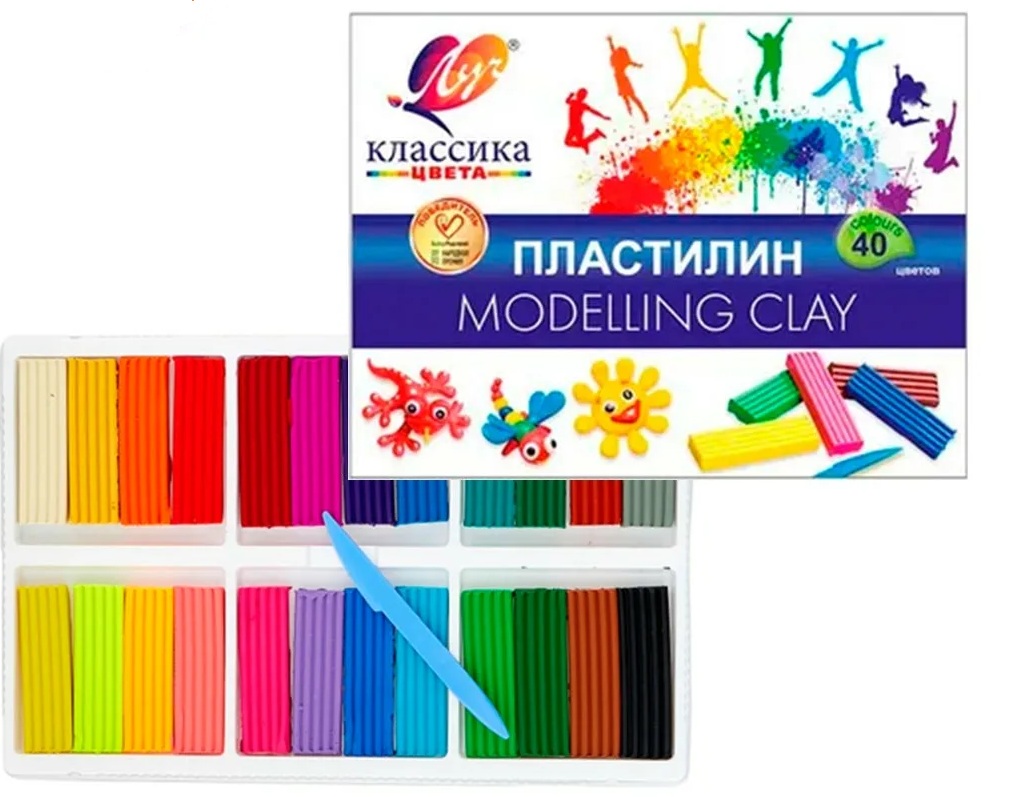 Пластилин Луч 40цветов Классика 800г со стеком картонная упаковка
