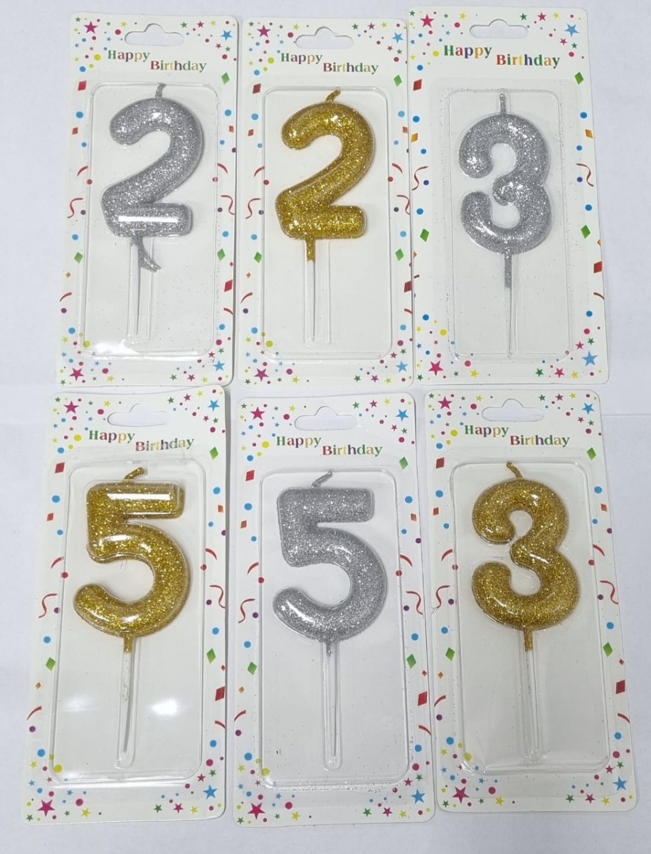 Свеча цифры "2,3,5", 10см, золото/серебро 