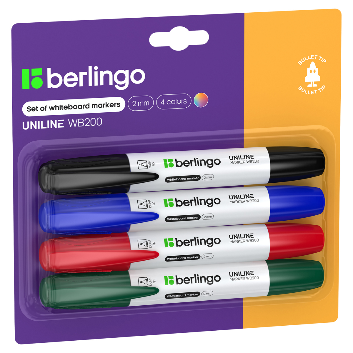 Набор маркеров для белых досок Berlingo "Uniline WB200", 4цв., пулевидный, 2мм, блистер BMc_40509