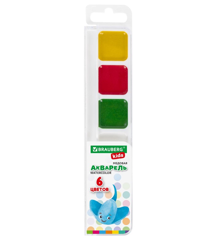 Краски акварельные BRAUBERG KIDS, медовые, 6 цветов, квадратные кюветы, пластиковый пенал, 192281