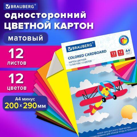 Картон цветной А4 немелованный, 12 листов 12 цветов, в папке, BRAUBERG, 200х290 мм, "Самолет", 11355 Картон цветной А4 немелованный, 12 листов 12 цветов, в папке, BRAUBERG, 200х290 мм, "Самолет", 11355
