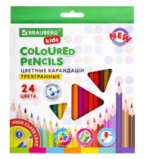 Карандаши цветные BRAUBERG KIDS NEW, 24 цвета, трехгранные, грифель 3 мм, 182002 