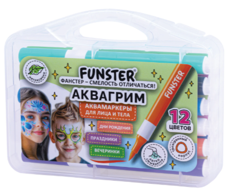 Аквагрим аквамаркеры для лица и тела 12 цветов, FUNSTER (Фанстер), пластиковый кейс, 152609