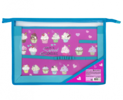 Папка для труда BRAUBERG А4, 2 отделения, пластик, молния сверху, органайзер, "Cup Cakes", 229134