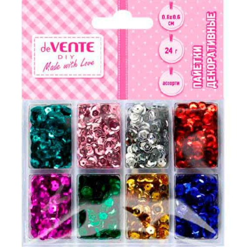 Пайетки декор. deVENTE "Metallic" 8001918 ассорти,24гр.,6*6мм,пластик.короб./е/подвес