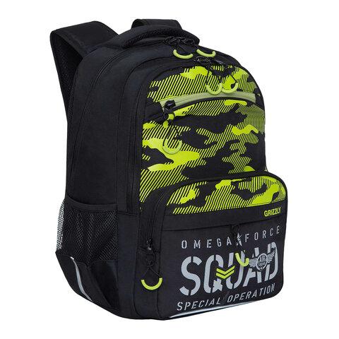 Рюкзак школьный Гризли RB-254-3 черный -салатовый