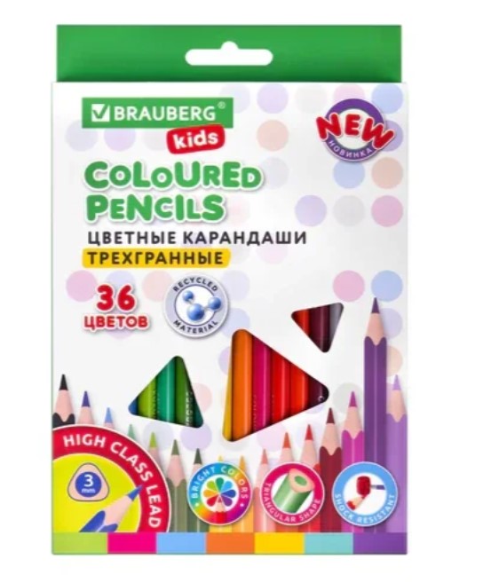Карандаши цветные BRAUBERG KIDS NEW, 36 цветов, трехгранные, грифель 3 мм, 182003 
