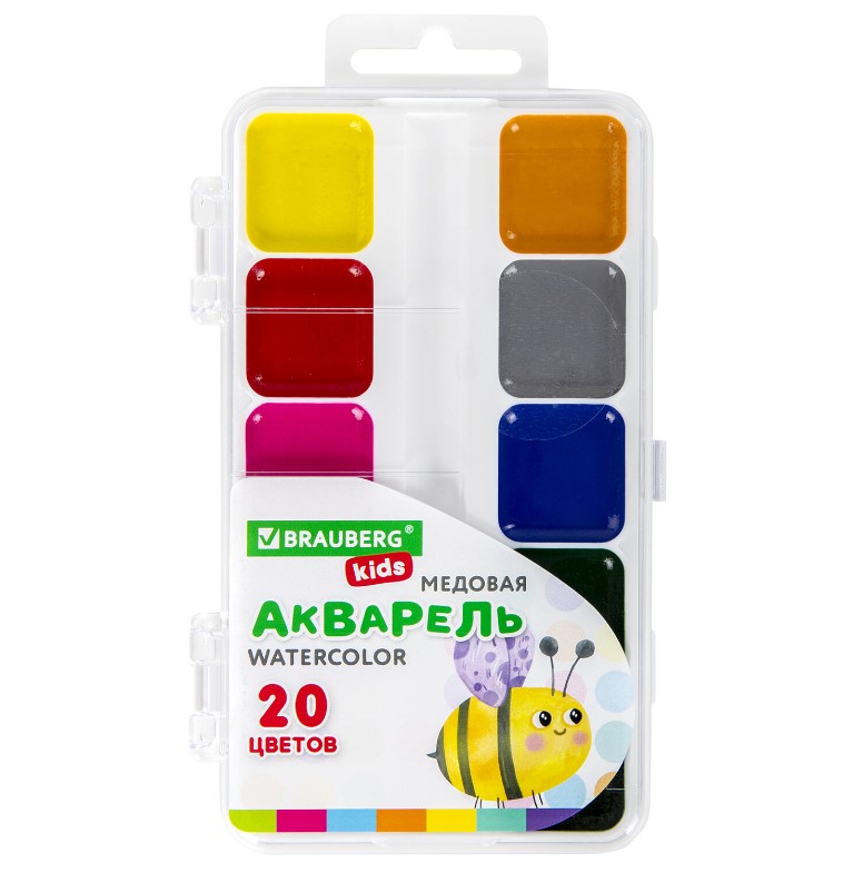 Краски акварельные BRAUBERG KIDS, медовые, 20 цветов, квадратные кюветы, пластиковый пенал, 192283
