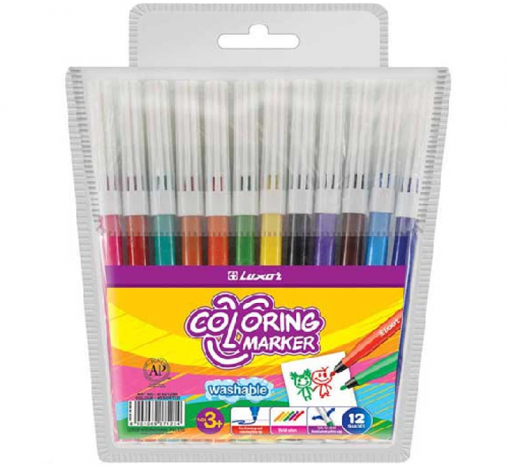 Фломастеры 12 цветов Luxor Coloring, смываемые, ПВХ, европодвес