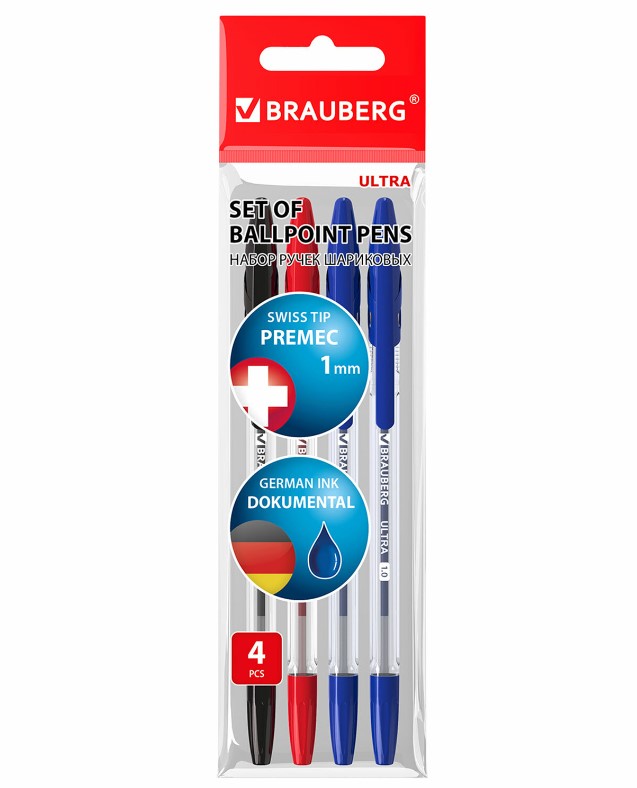 Ручки шариковые BRAUBERG "ULTRA", НАБОР 4 штуки (2 синих, 1 черная, 1 красная), узел 1 мм, 143569