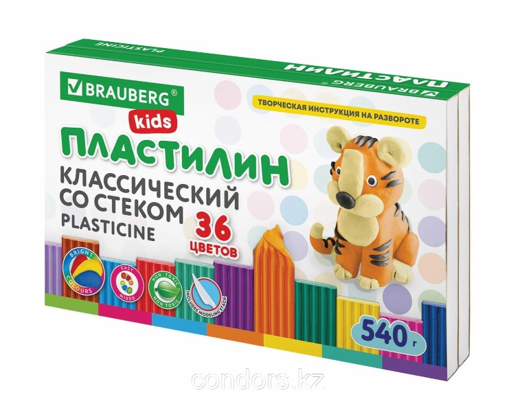 Пластилин классический BRAUBERG KIDS, 36 цветов, 540 грамм, стек, ВЫСШЕЕ КАЧЕСТВО, 106678