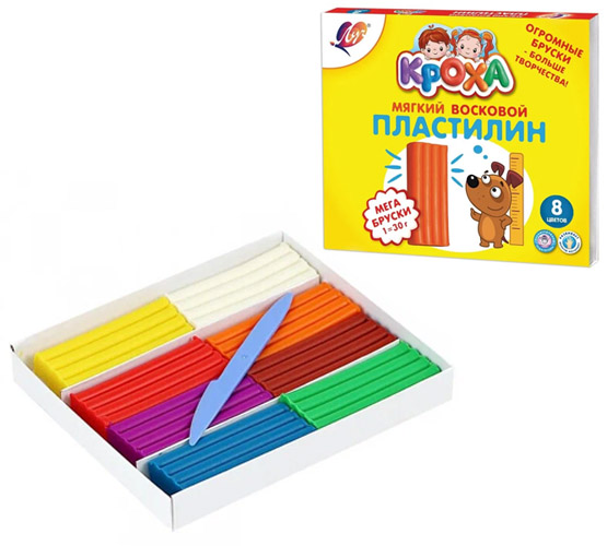Пластилин восковой мягкий Кроха Мега, 8 цветов, со стеком