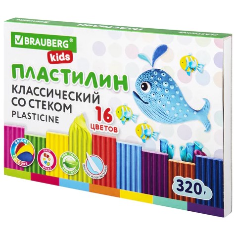 Пластилин классический BRAUBERG KIDS, 16 цветов, 320 г, со стеком, 106508