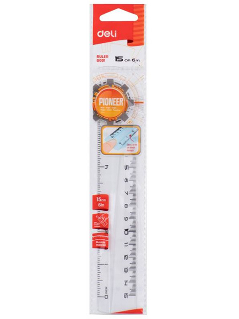 Линейка DELI "Pioneer" 15 см, прозрачная
