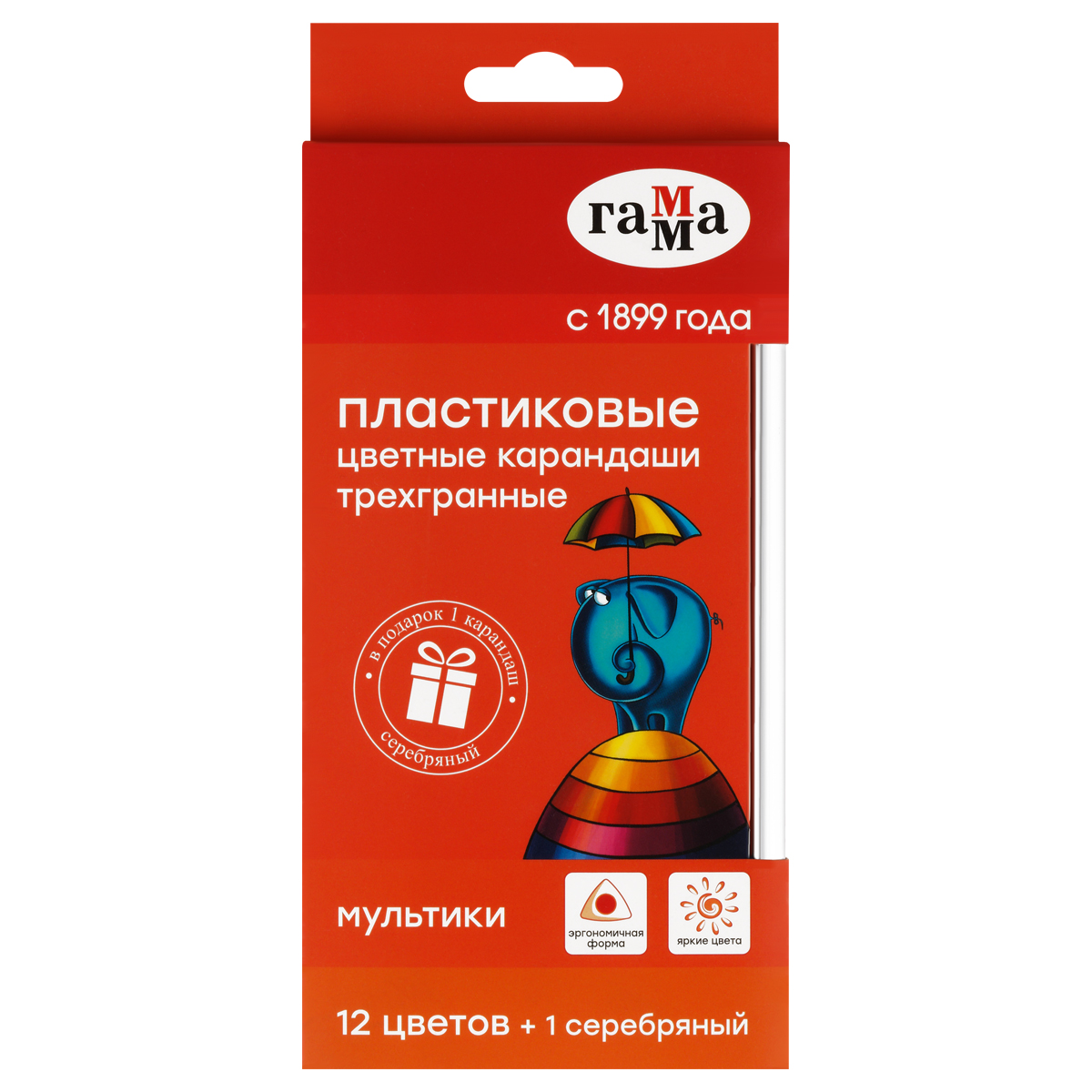 Карандаши цветные пластиковые Гамма "Мультики", 12цв. +1 серебряный, трехгранные, заточен., картон.,
