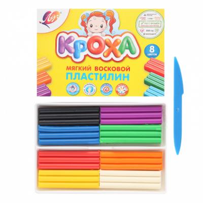 Пластилин восковой мягкий Кроха, 08 цветов, 120г со стеком картонная упаковка