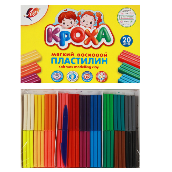 Пластилин восковой мягкий Кроха, 20 цветов, 300г со стеком картонная упаковка