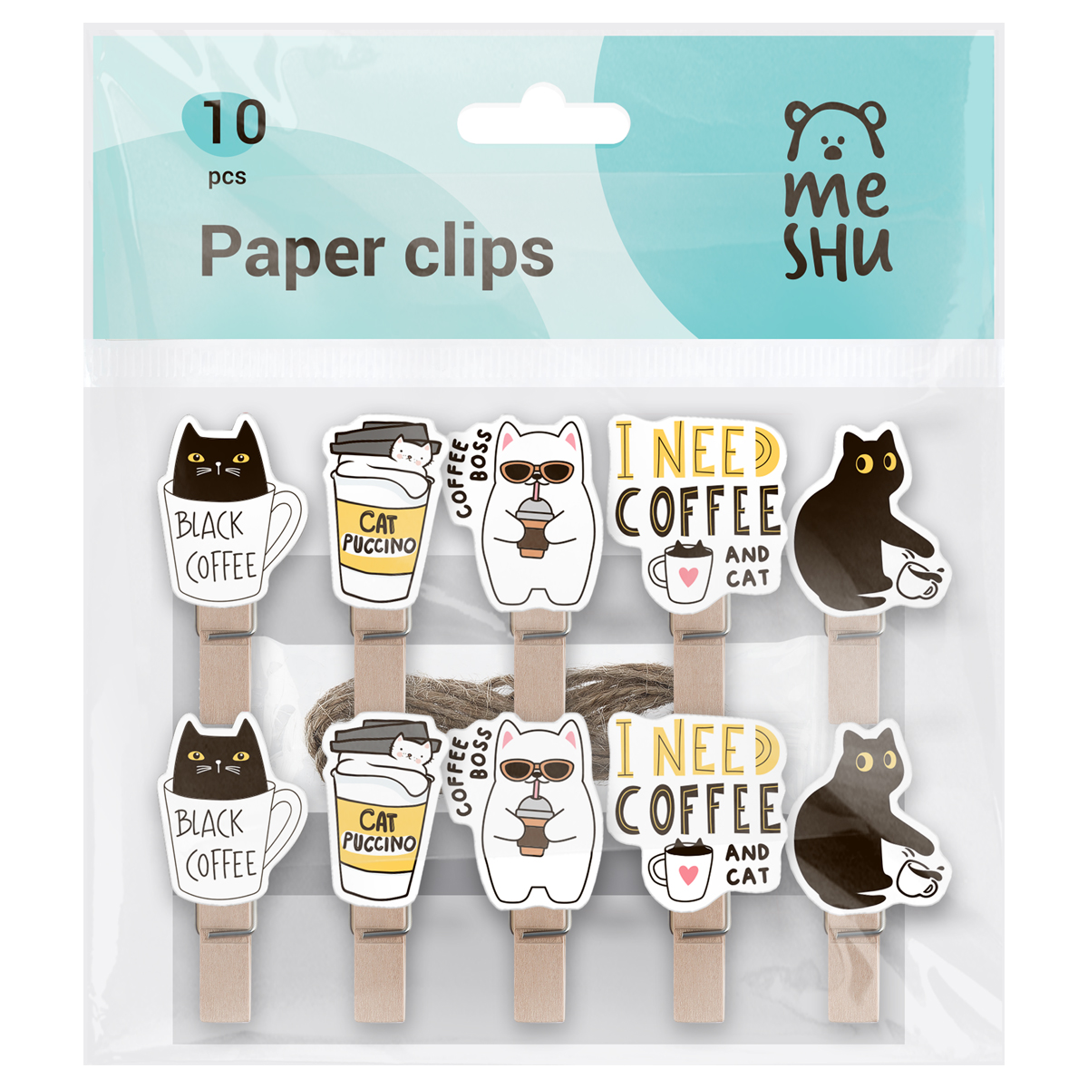 Прищепка 7мм, MESHU "Right Cat", 10шт., деревянные, ассорти, опп пакет с европодвесом, верев