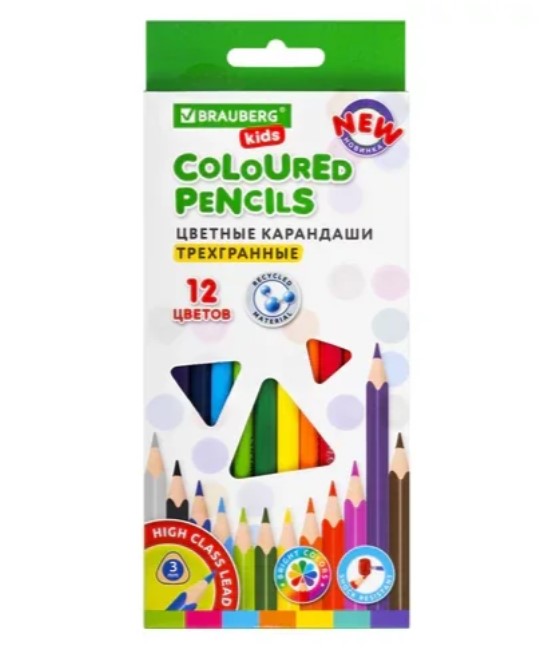 Карандаши цветные BRAUBERG KIDS NEW, 12 цветов, трехгранные, грифель 3 мм, 182001 