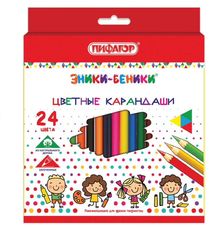 Карандаши цветные ПИФАГОР "ЭНИКИ-БЕНИКИ", 24 цвета, шестигранные, натуральное дерево, 181348