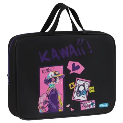 Папка текстильная с ручками 1 отделение, А4 Först "Kawaii", 350*265*80мм, текстиль, на молнии