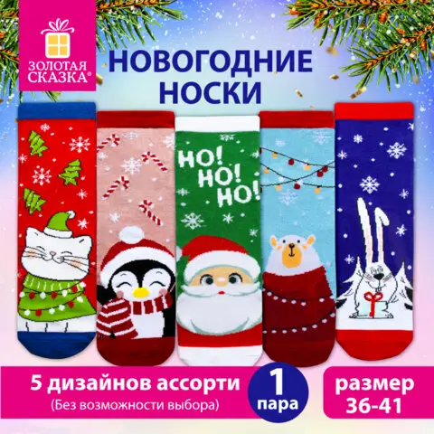 Новогодние носки (1 пара) с цветным принтом, размер 36-41, 5 дизайнов ассорти, ЗОЛОТАЯ СКАЗКА, 59214