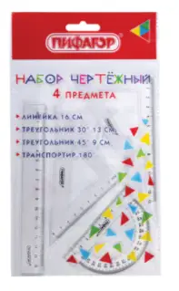 Набор чертежный ПИФАГОР (линейка 16 см, 2 треугольника, транспортир), прозрачный, европодвес, 210850