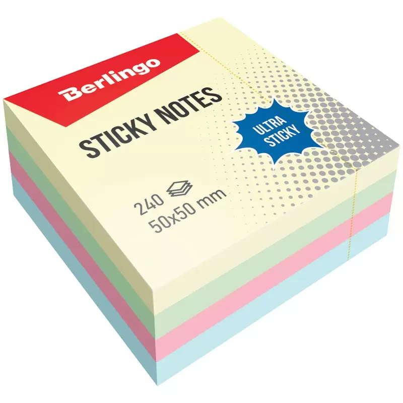 Самоклеящийся блок Berlingo "Ultra Sticky", 50*50мм, 240л, 4 пастельных цвета