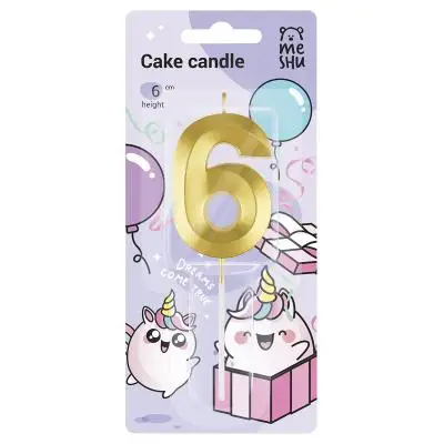 Свеча для торта с держателем MESHU "Цифра "6", 7см, золотая, блистер