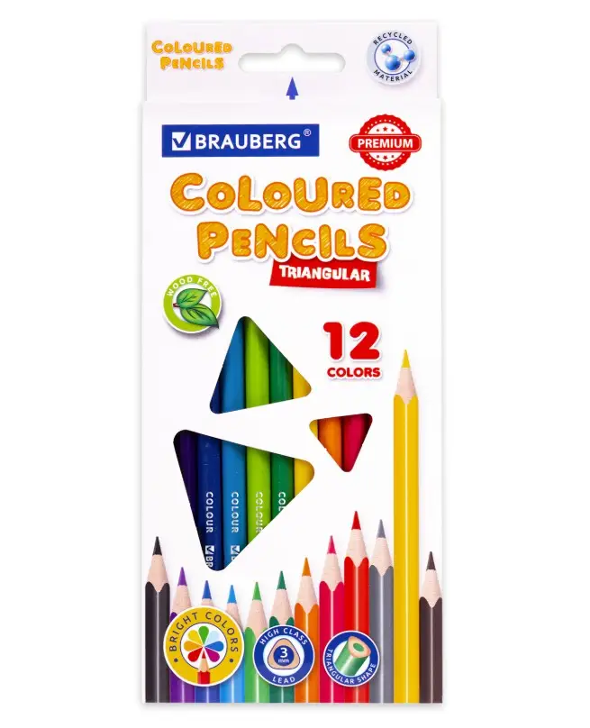 Карандаши цветные BRAUBERG PREMIUM, 12 цветов, трехгранные, грифель 3 мм, 181661