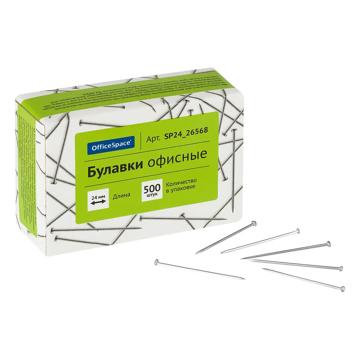 Булавки офисные OfficeSpace, 24мм, 500 шт., картонная коробка SP24_26568