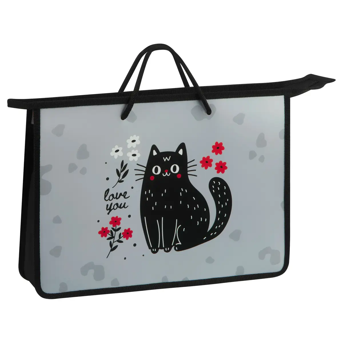 Папка с ручками А4 ArtSpace "Black Cat with Flowers", пластик, на молнии, 75мм
