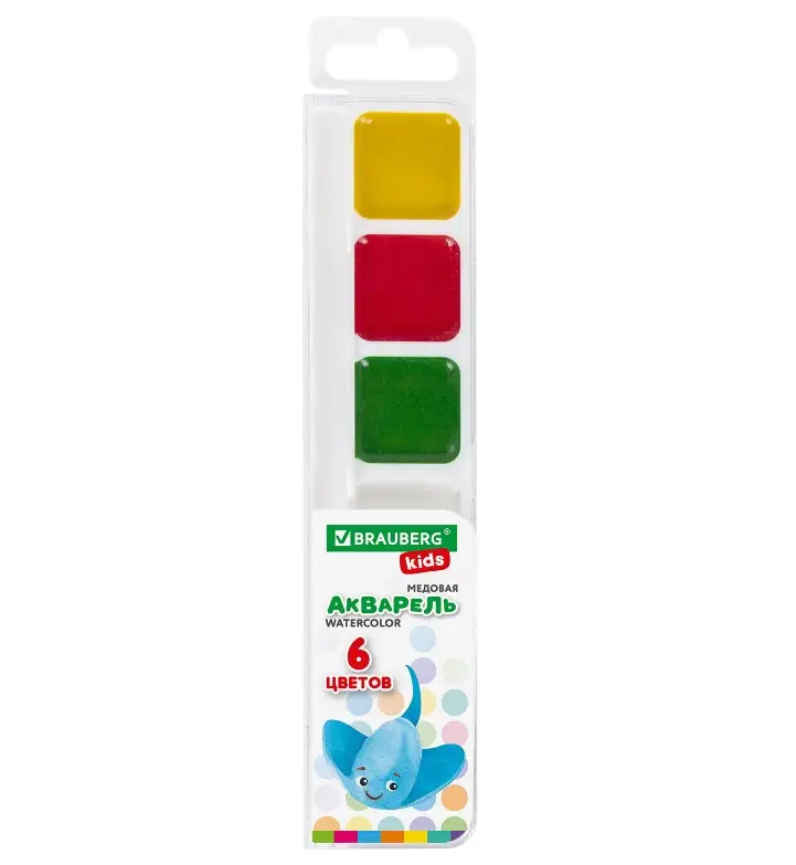 Краски акварельные BRAUBERG KIDS, медовые, 6 цветов, квадратные кюветы, пластиковый пенал, 192281