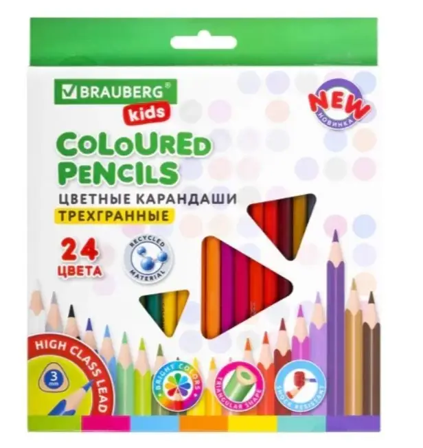 Карандаши цветные BRAUBERG KIDS NEW, 24 цвета, трехгранные, грифель 3 мм, 182002 