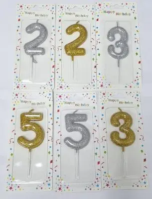 Свеча цифры "2,3,5", 10см, золото/серебро 