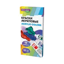Краски акриловые художественные 12 цветов в тубах по 12 мл, BRAUBERG HOBBY, 192403