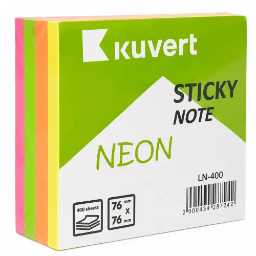 Клейкие листики KUVERT "Sticky" 76 х 76 мм, 5 неоновых цветов, 400 листов