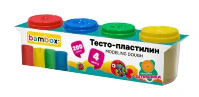 Тесто пластилин для лепки, 4 цв, 200г, крышки-штампики, BAMBOX, 107247