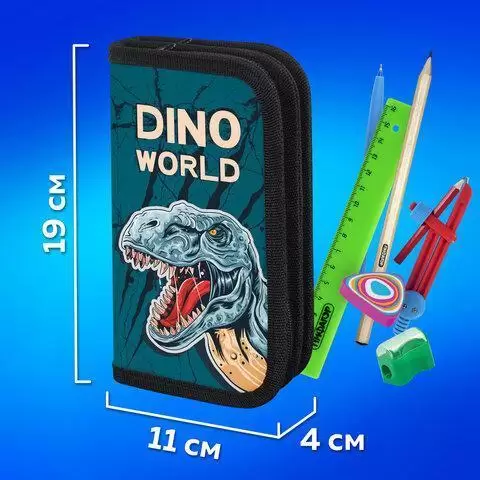 Пенал ПИФАГОР, 2 отделения, ламинированный картон, 19х11 см, "Dino world", 272249/272248